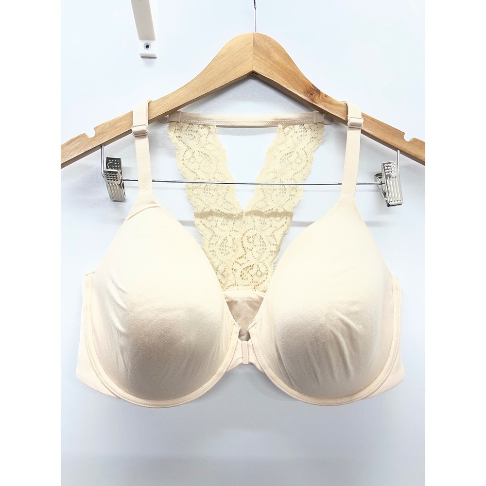 Victorias Secret Perfect Coverage Lace Racerback Front Close Bra 38DDD Beige